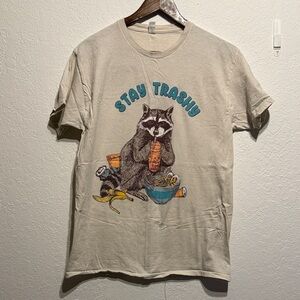 Hanes Stay Trashy Raccoon Graphic Tee Size M Funny Humor Shirt Casual Top Beige